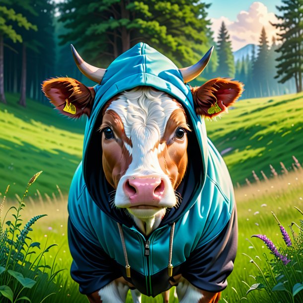 Illustration of a cow in a hoodie in the meadow