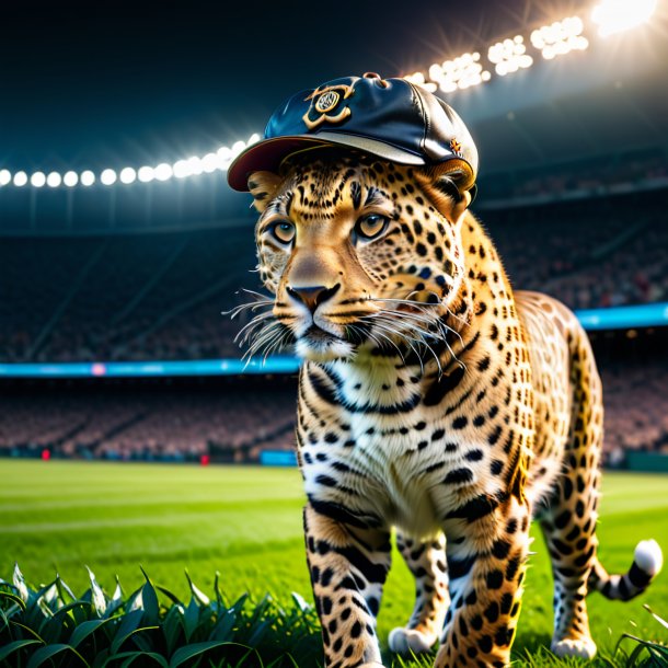Image of a leopard in a cap on the field