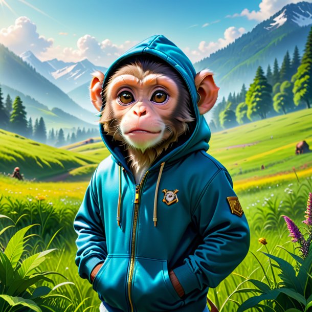 Picture of a monkey in a hoodie in the meadow