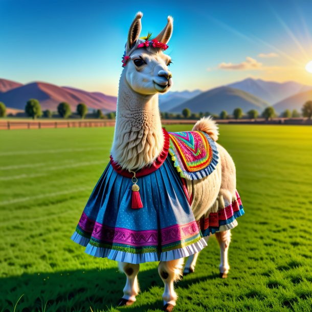 Picture of a llama in a skirt on the field