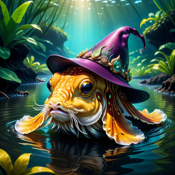 Illustration of a cuttlefish in a hat in the river