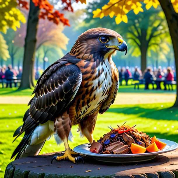 Imagem de um comer de um falcão no parque