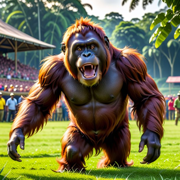 Picture of a playing of a orangutan on the field