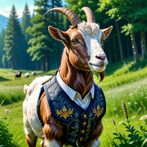 Drawing of a goat in a vest in the meadow