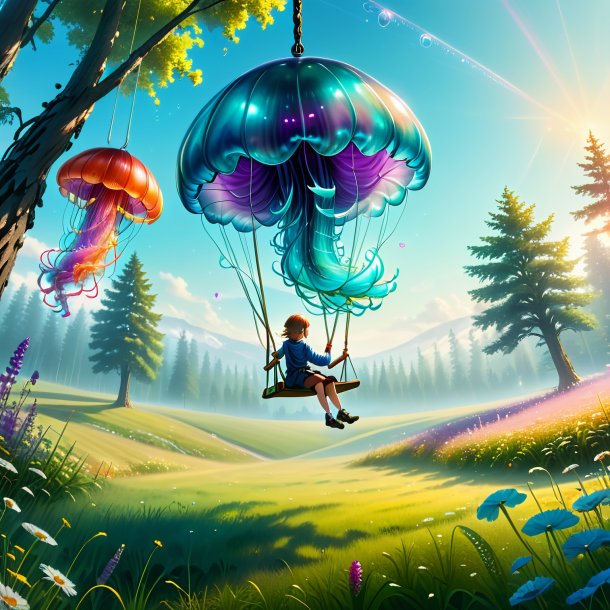 Pic of a swinging on a swing of a jellyfish in the meadow