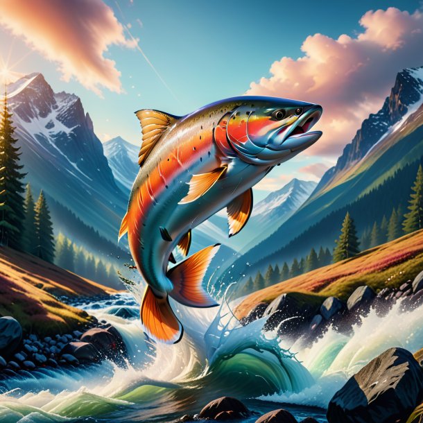 Image of a jumping of a salmon in the mountains