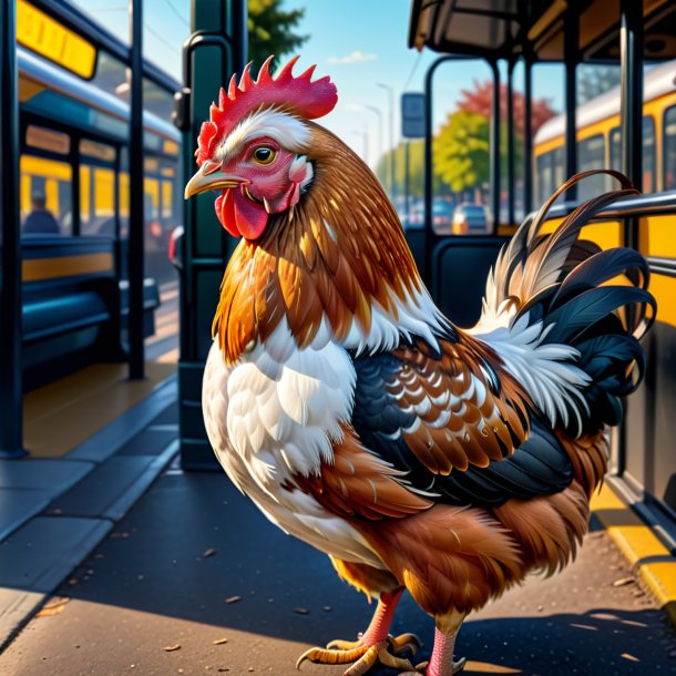 Drawing of a hen in a belt on the bus stop