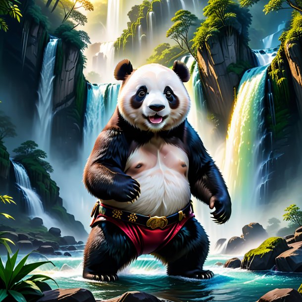 Illustration of a giant panda in a belt in the waterfall