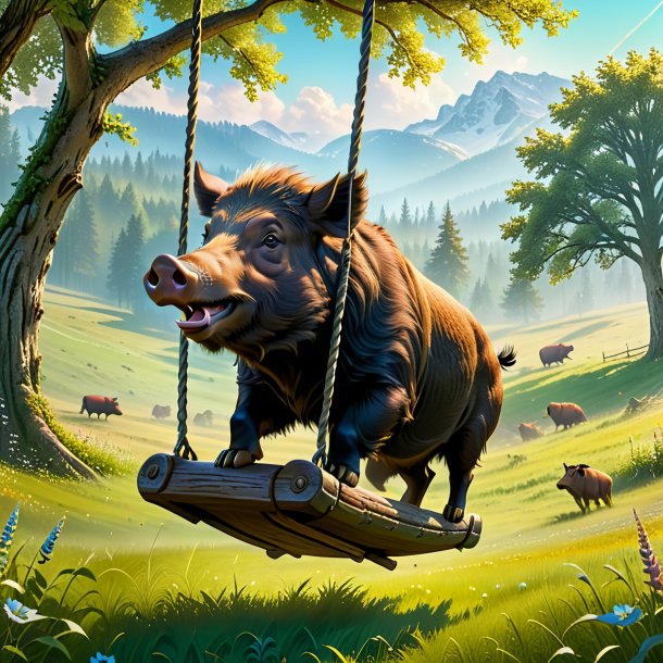 Image of a swinging on a swing of a boar in the meadow