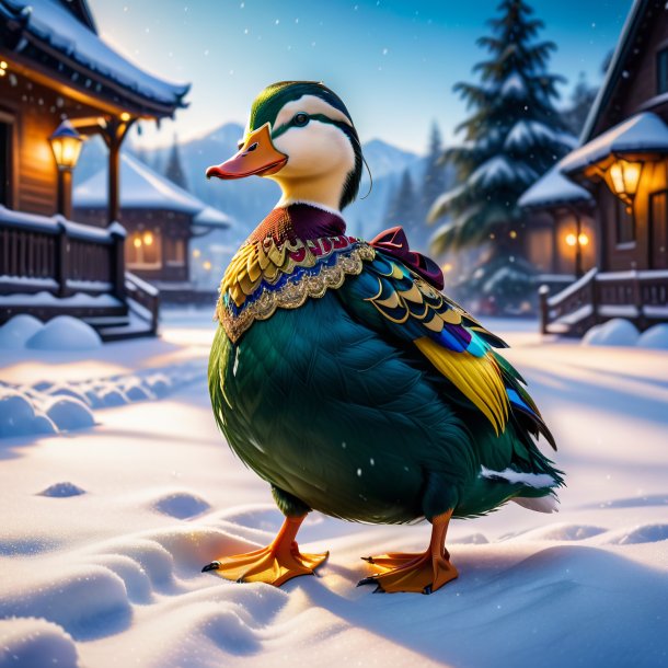 Photo of a duck in a dress in the snow