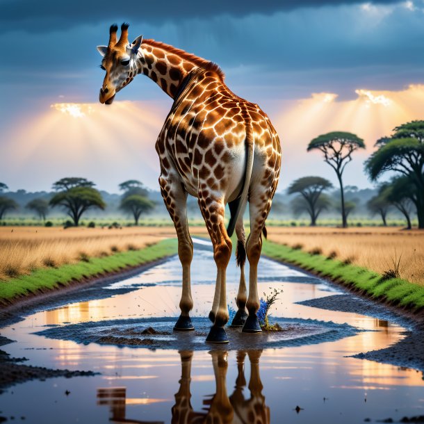 Picture of a threatening of a giraffe in the puddle