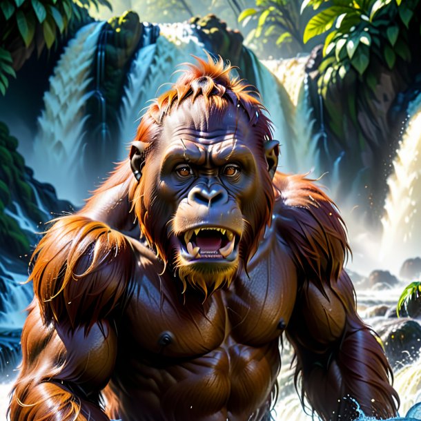 Picture of a angry of a orangutan in the waterfall