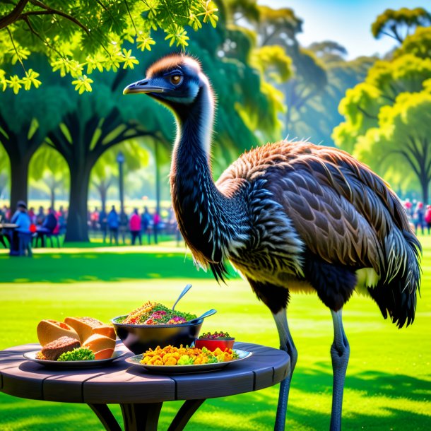 Imagem de um comer de uma emu no parque