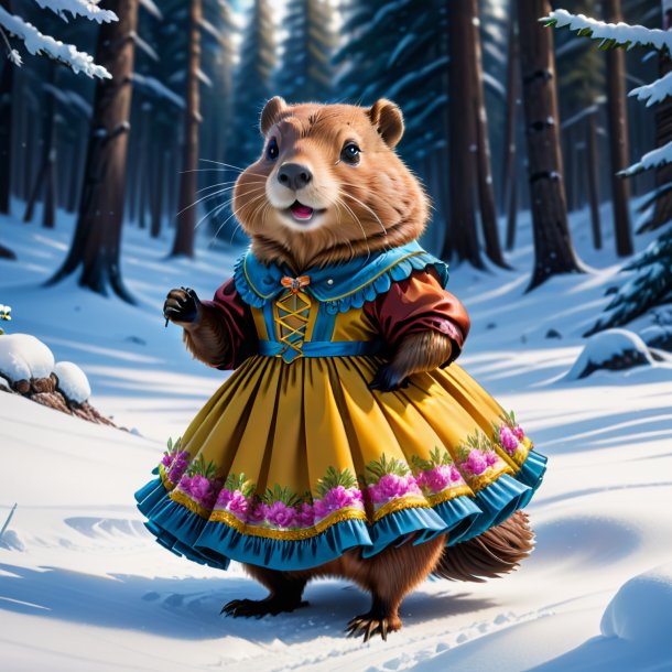 Drawing of a beaver in a dress in the snow