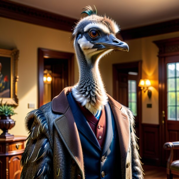 Image of a emu in a coat in the house