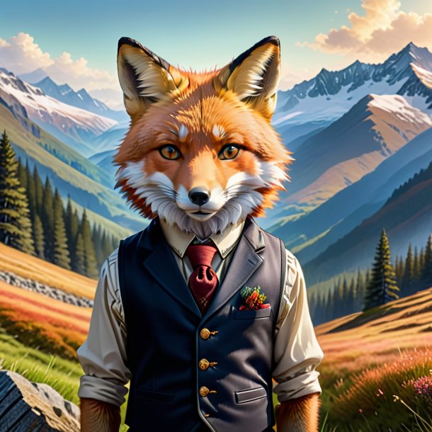 Drawing of a fox in a vest in the mountains