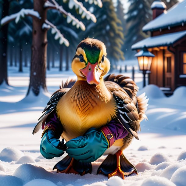 Photo of a duck in a gloves in the snow