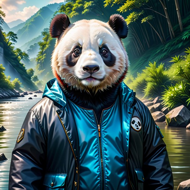 Illustration of a giant panda in a jacket in the river