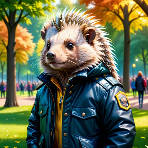 Illustration of a porcupine in a jacket in the park