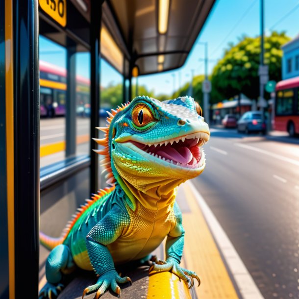 Image of a smiling of a lizard on the bus stop