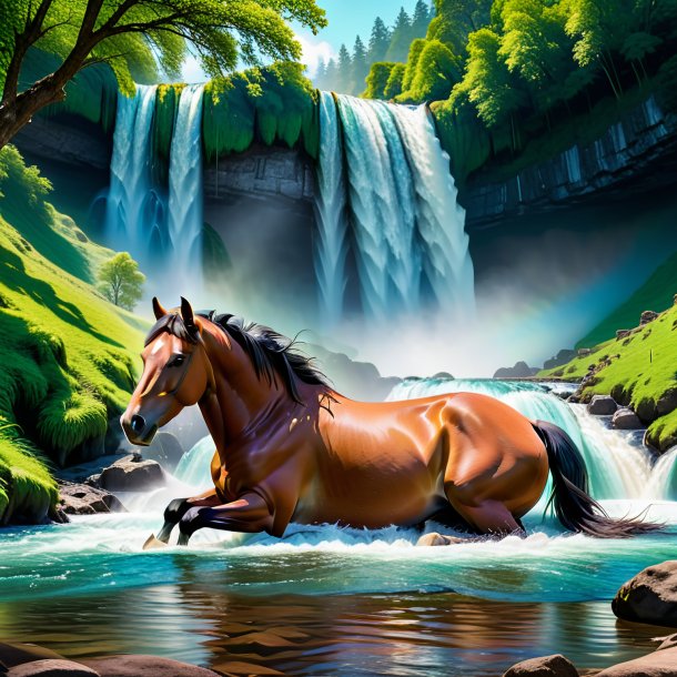 Image d'un sommeil d'un cheval dans la cascade