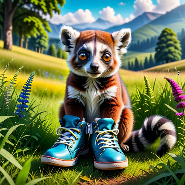 Photo of a lemur in a shoes in the meadow