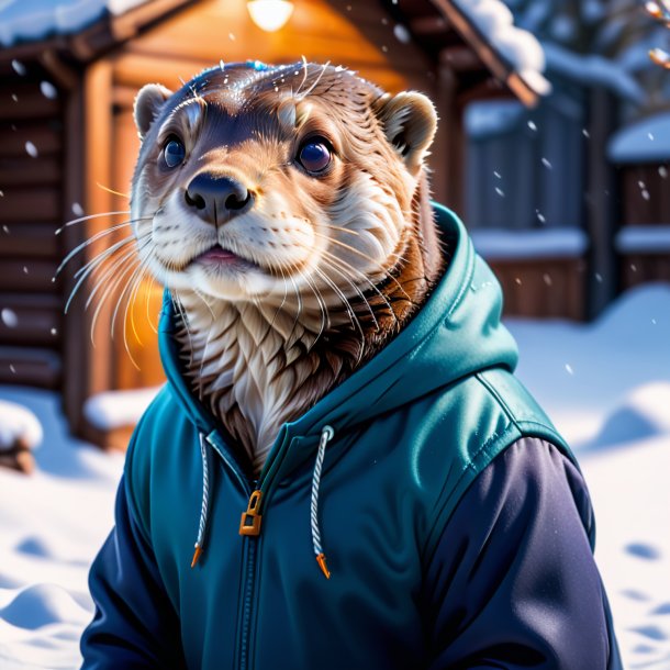 Foto de uma lontra em um hoodie na neve