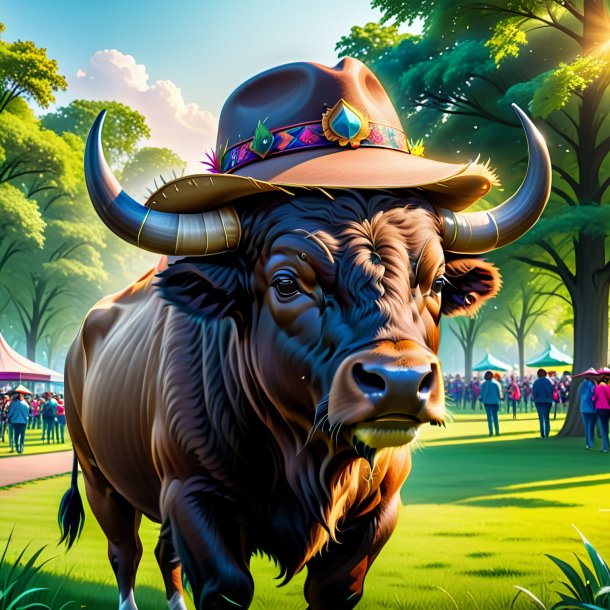 Drawing of a buffalo in a hat in the park