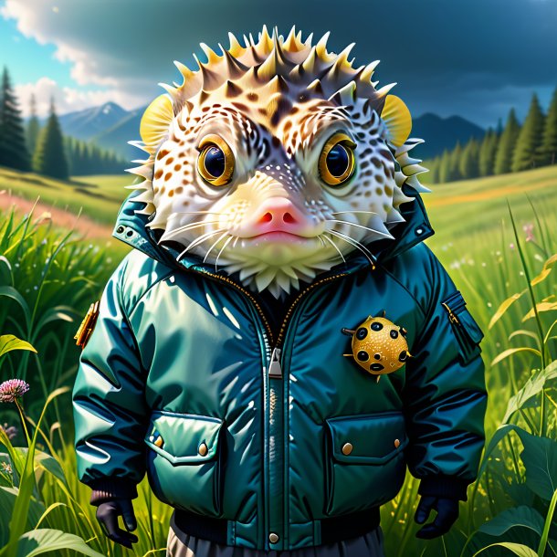 Illustration of a pufferfish in a jacket in the meadow