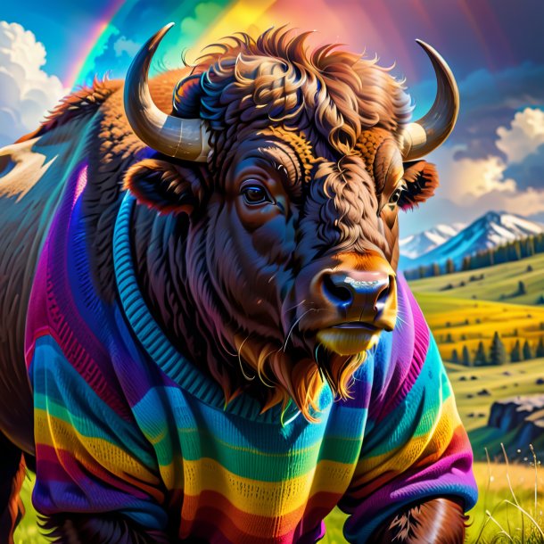 Drawing of a bison in a sweater on the rainbow