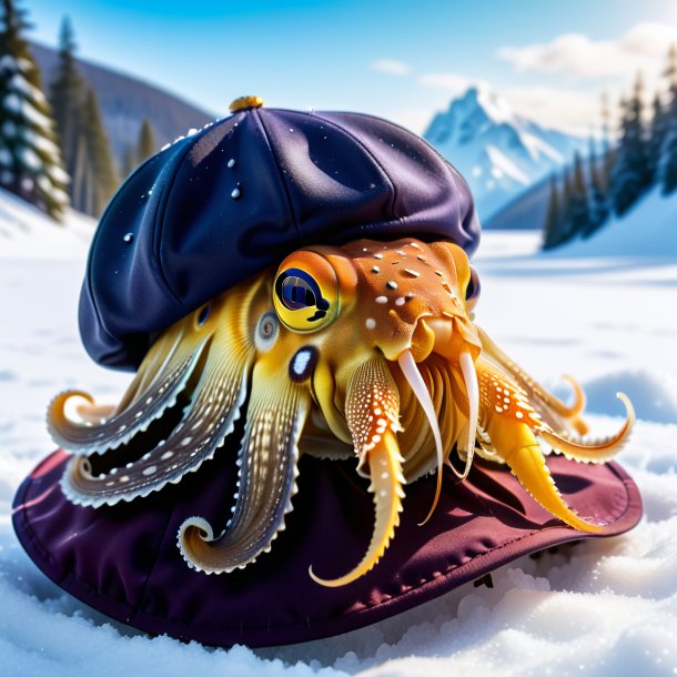 Photo of a cuttlefish in a cap in the snow