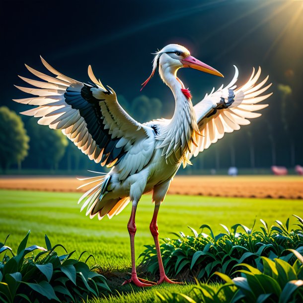 Photo of a stork in a gloves on the field