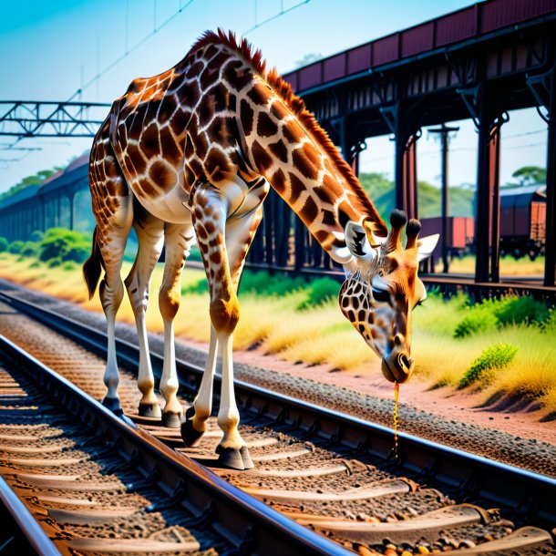 Image of a drinking of a giraffe on the railway tracks