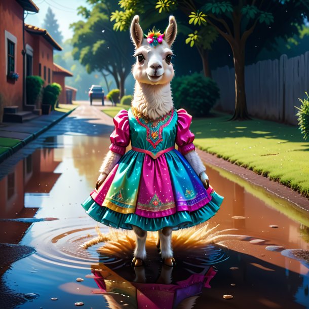 Illustration of a llama in a dress in the puddle