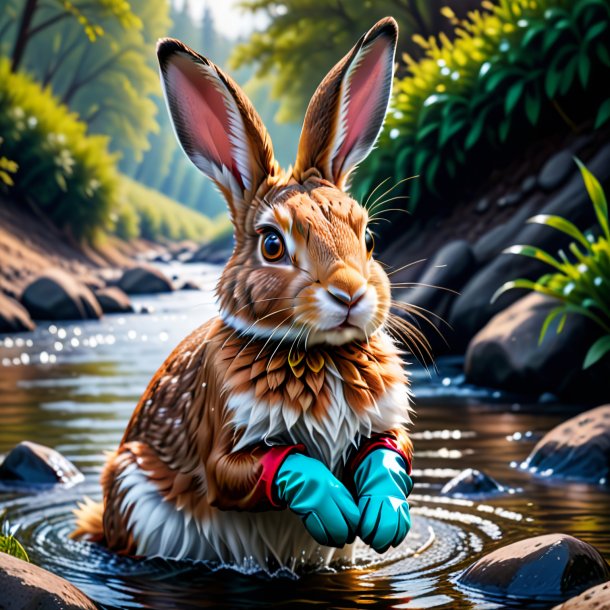 Picture of a hare in a gloves in the river