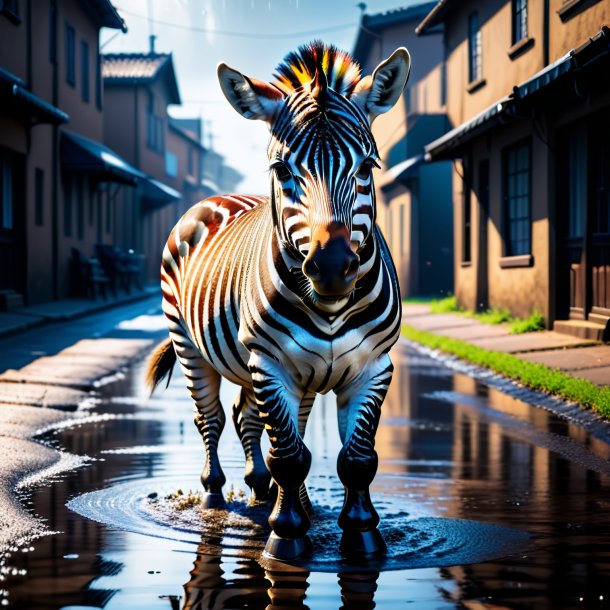 Photo of a zebra in a gloves in the puddle