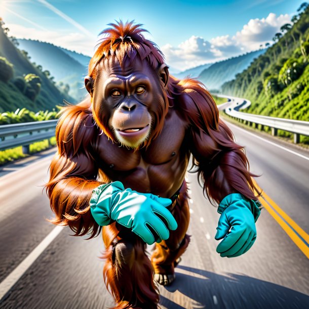 Pic of a orangutan in a gloves on the highway