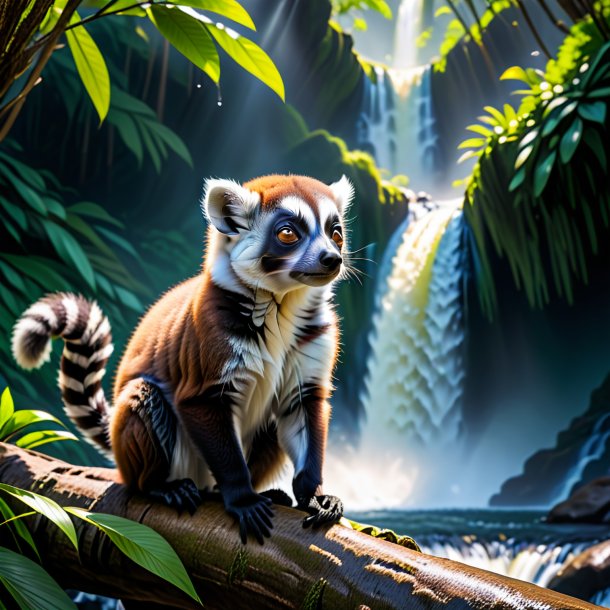 Pic of a playing of a lemur in the waterfall