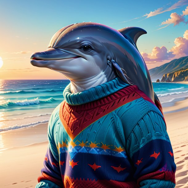 Drawing of a dolphin in a sweater on the beach