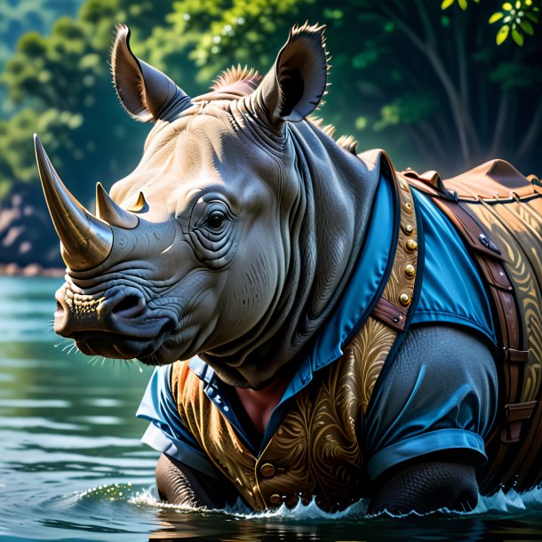 Photo of a rhinoceros in a vest in the water