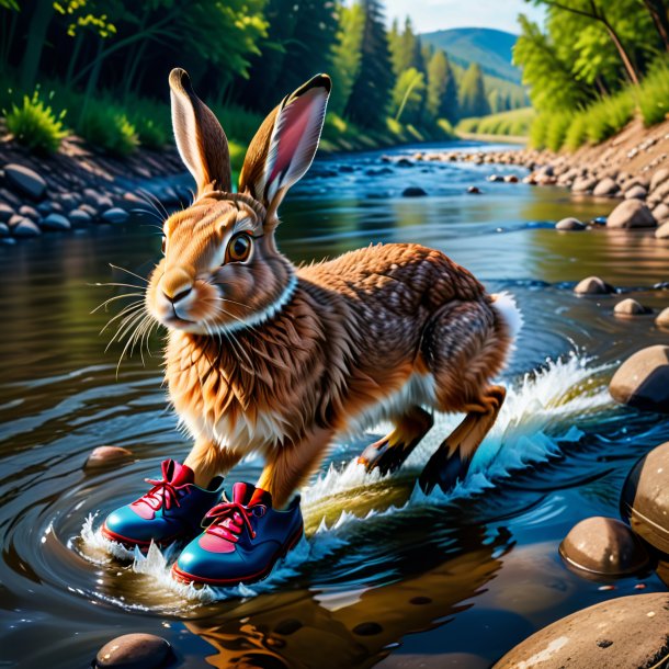 Photo of a hare in a shoes in the river