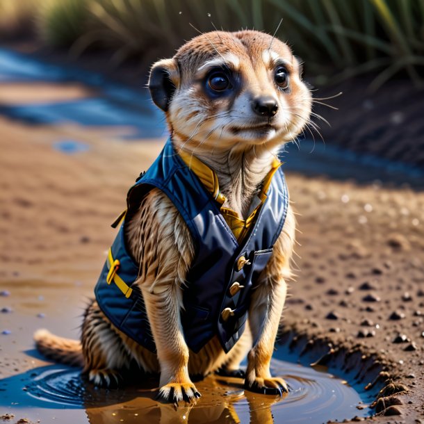 Foto de um meerkat em um colete na poça