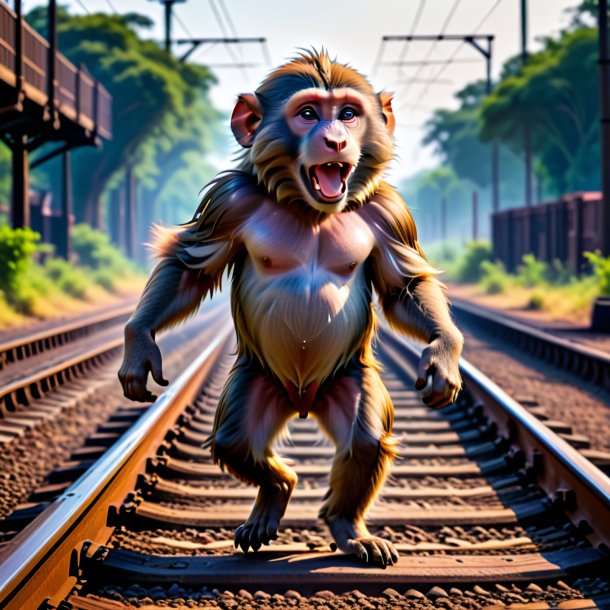 Pic of a dancing of a baboon on the railway tracks