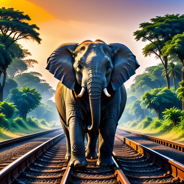 Photo of a elephant in a belt on the railway tracks