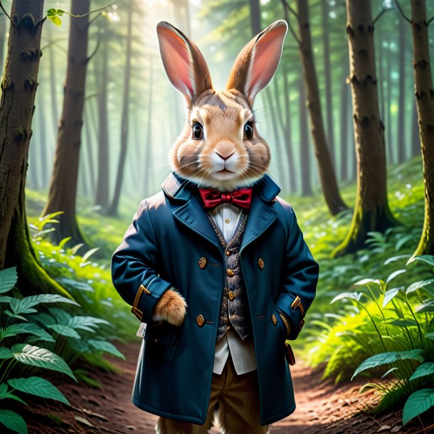 Pic of a rabbit in a coat in the forest