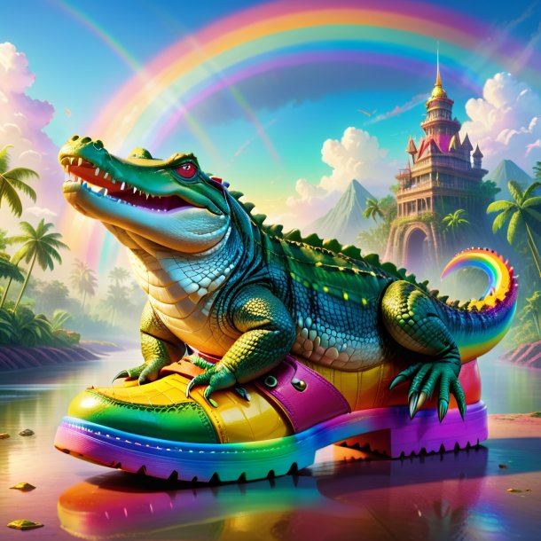 Illustration of a crocodile in a shoes on the rainbow