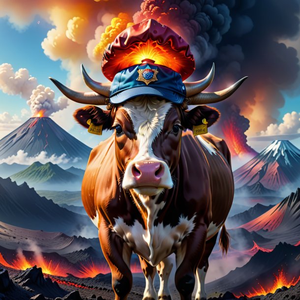 Illustration of a cow in a cap in the volcano