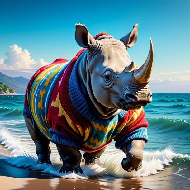 Image of a rhinoceros in a sweater in the sea