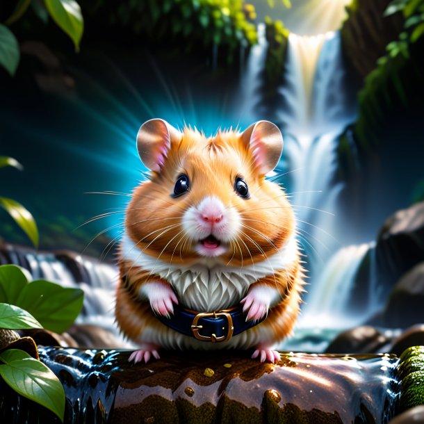 Image of a hamster in a belt in the waterfall