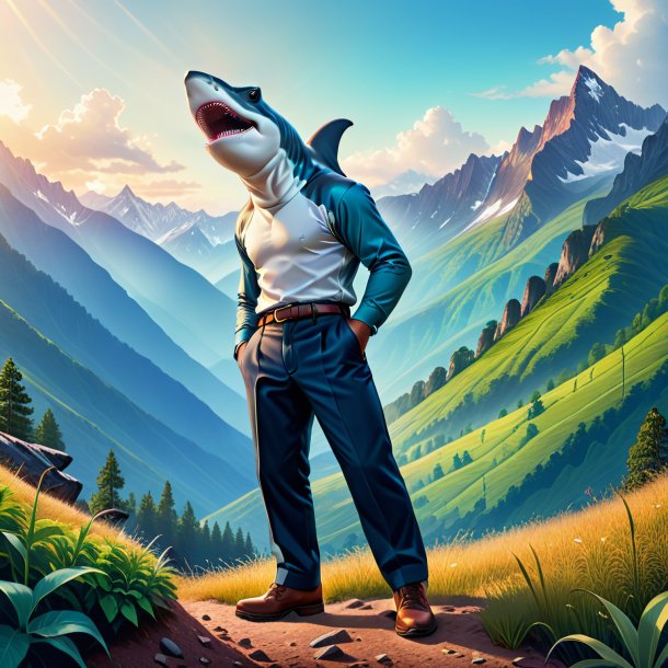 Illustration of a hammerhead shark in a trousers in the mountains